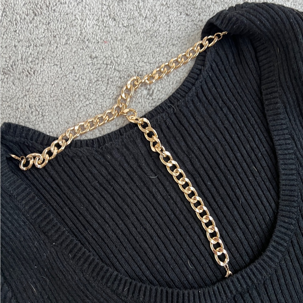 Black Ribbed Top with Gold Chain Detail